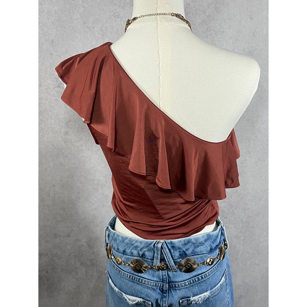 Express One-Shoulder Ruffle Satin Top in Rust - Picture 2 of 4